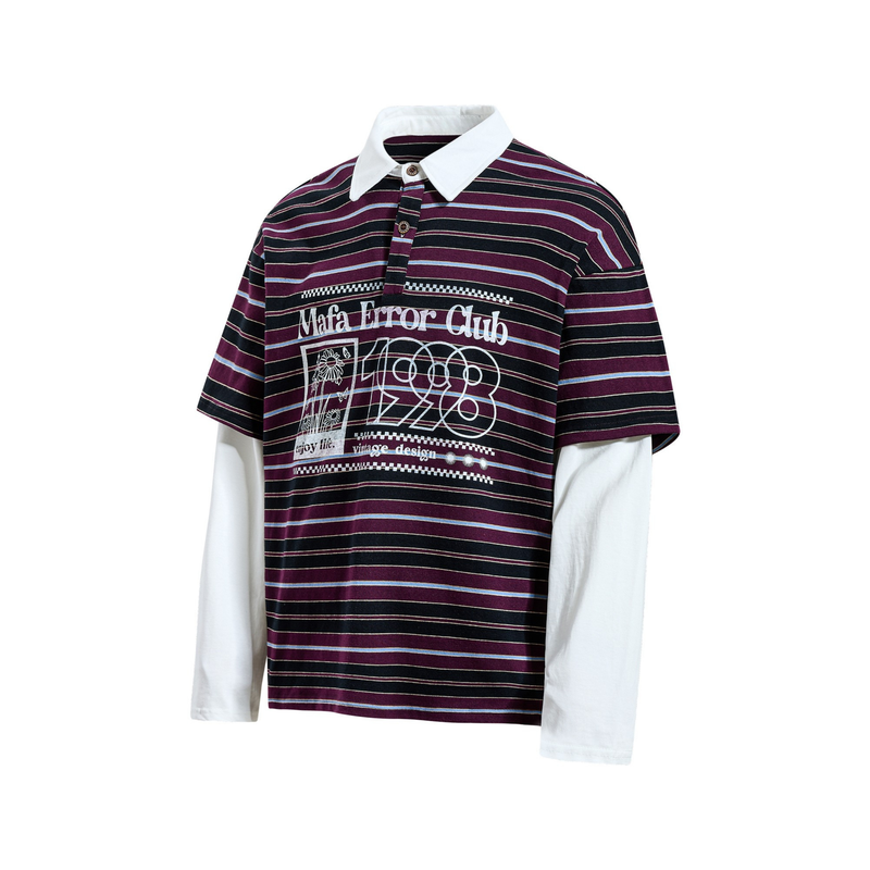 Front view of burgundy striped polo shirt with white collar, angled slightly right