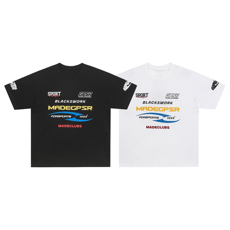 Black and white Blackworks Racing graphic cotton tees with bold motorsport logos on the chest and sleeves