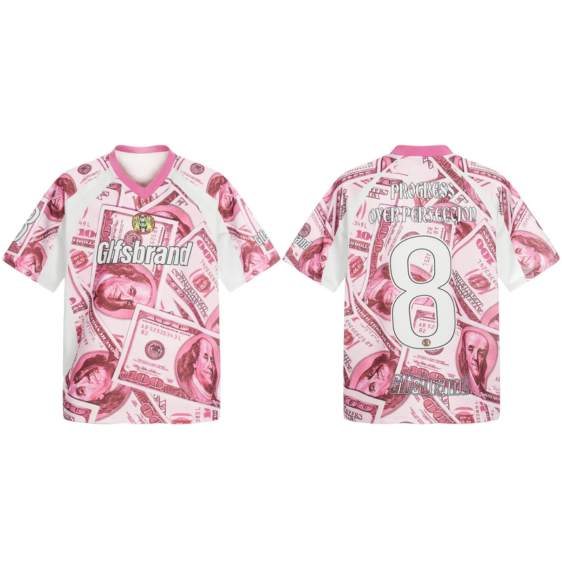 Pink dollar bill print mesh football jersey with white sleeves, V-neck trim, and large number 8 on the back