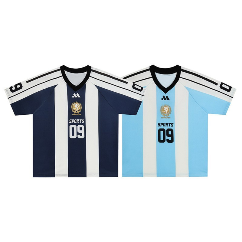 Two striped football jerseys in navy and light blue with black V-necks, number 09, and sporty crest details