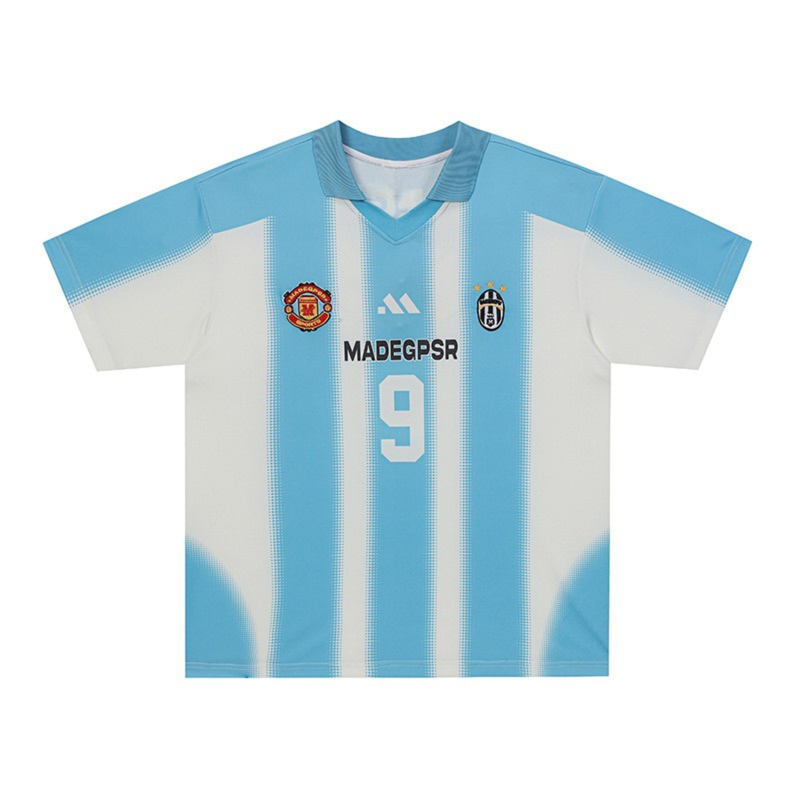 Light blue and white vertical striped football jersey with club-style crest, number 9, and short sleeves on a white background
