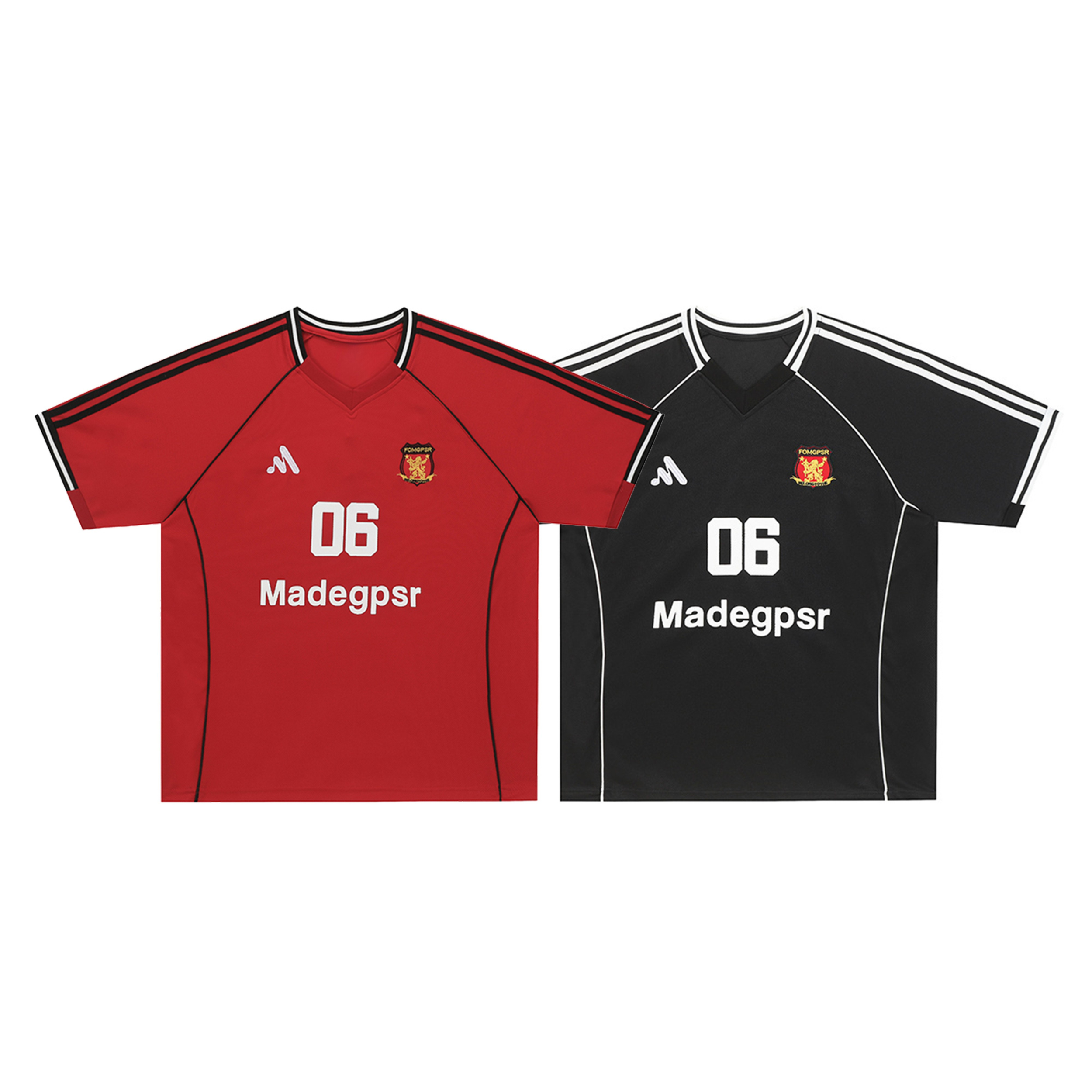 Red and black Omirad Classic Number 06 football jerseys with contrast shoulder stripes and embroidered crest, front view