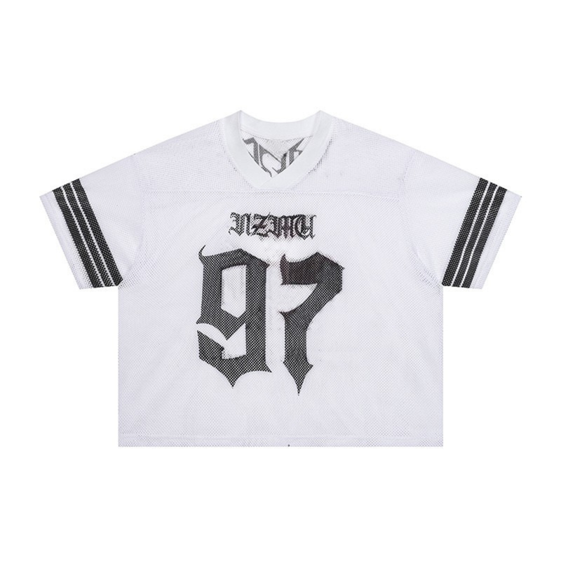 White mesh football jersey with gothic 97 print, black sleeve stripes, and V-neck streetwear style