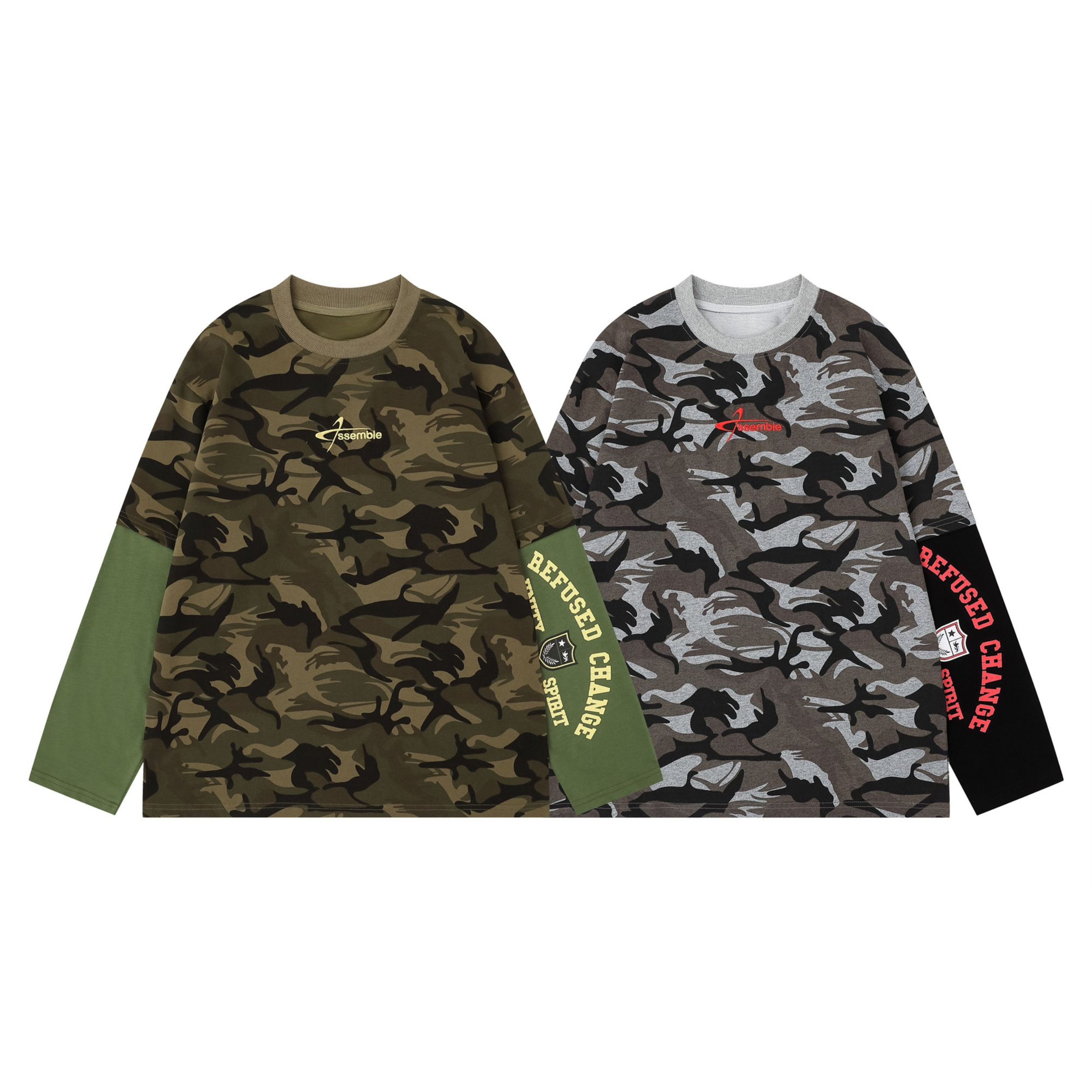 Assemble layered camo long sleeve tee in olive green with contrast green sleeves and Refused Change Spirit graphic
