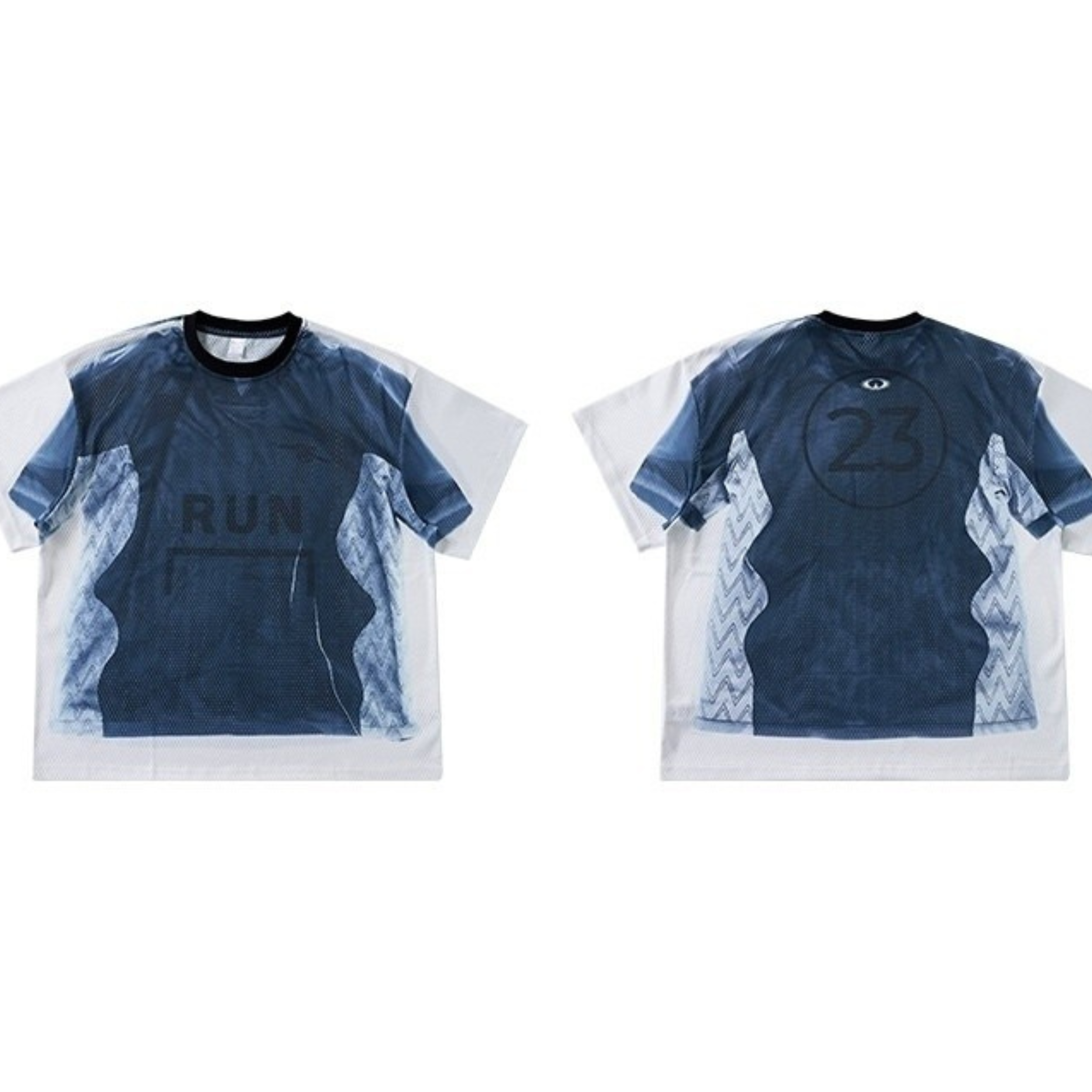 Front and back view of Omirad Run Graphic Mesh Jersey in navy blue and white with RUN graphic and number 23 detail