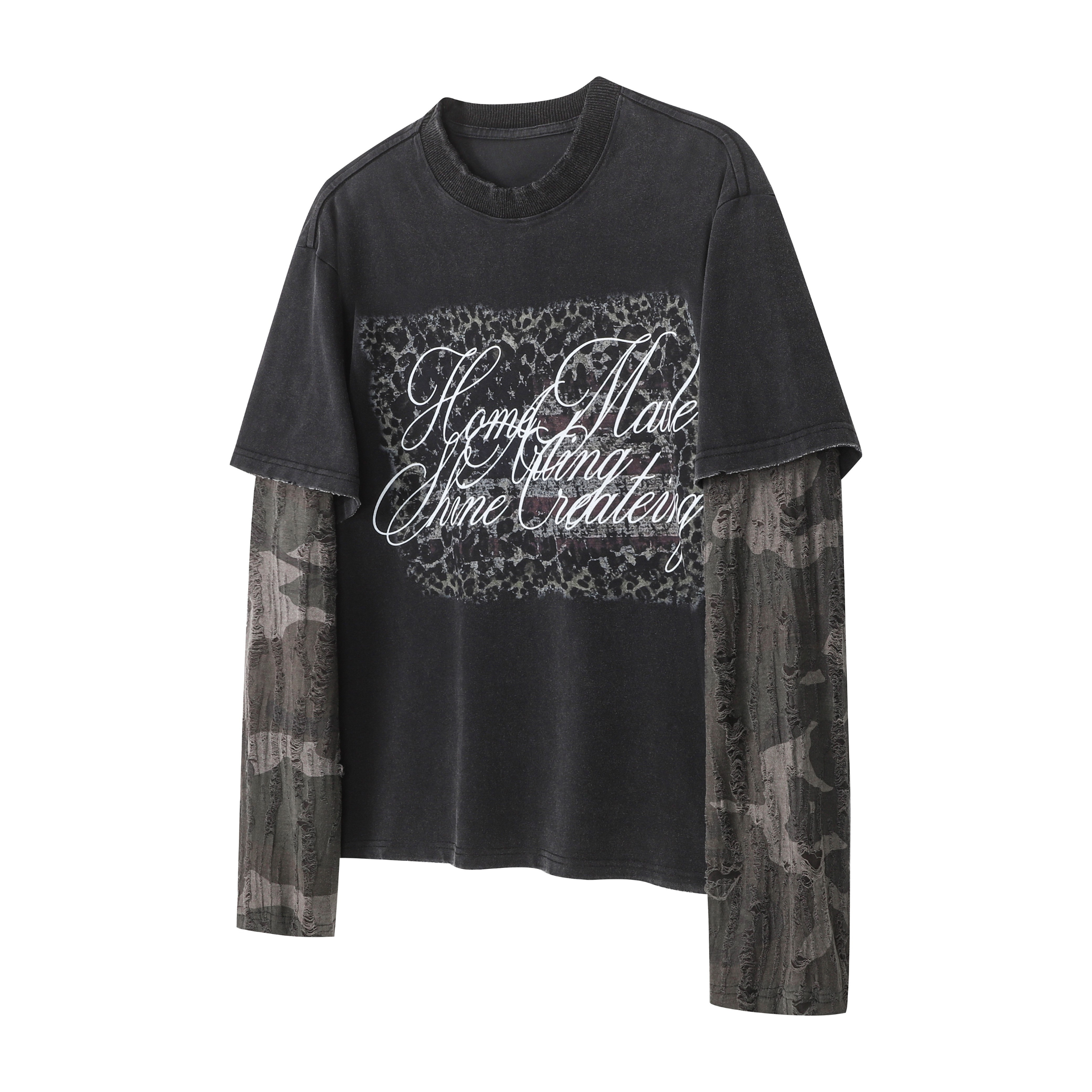 Omirad Layered Camo Sleeve Script Graphic Tee | Streetwear