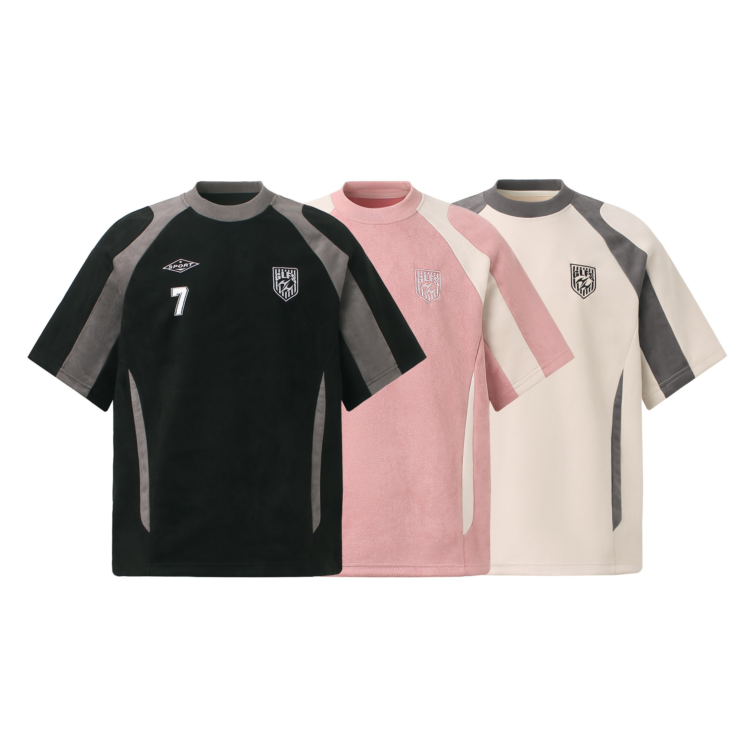 Three sport panel suede tees in black, pink, and cream with grey contrast panels and embroidered chest logos