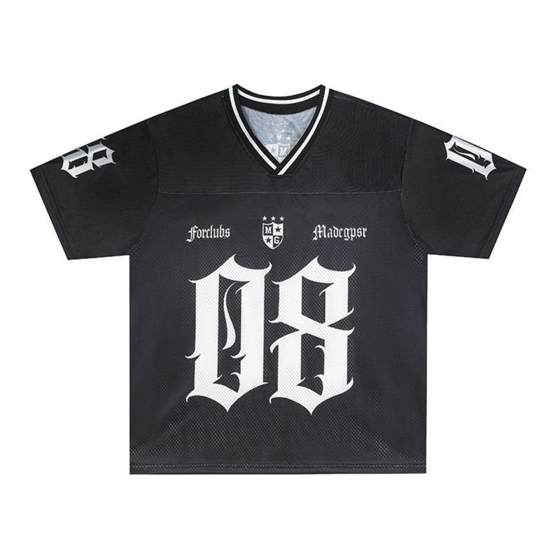 Black oversized gothic mesh jersey with V-neck, white varsity graphics, and bold streetwear lettering