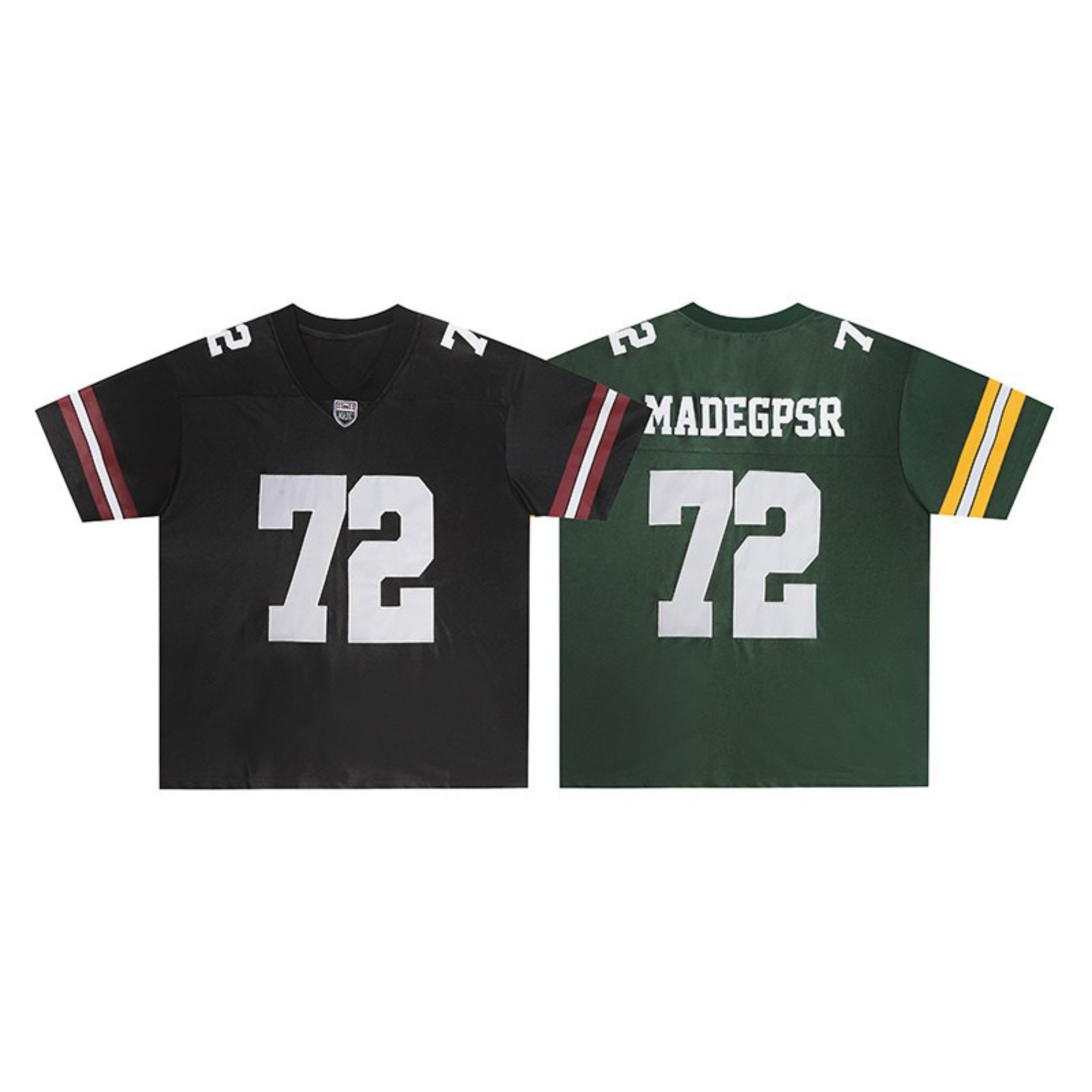 Black and green number 72 football jerseys displayed front and back with contrast sleeve stripes