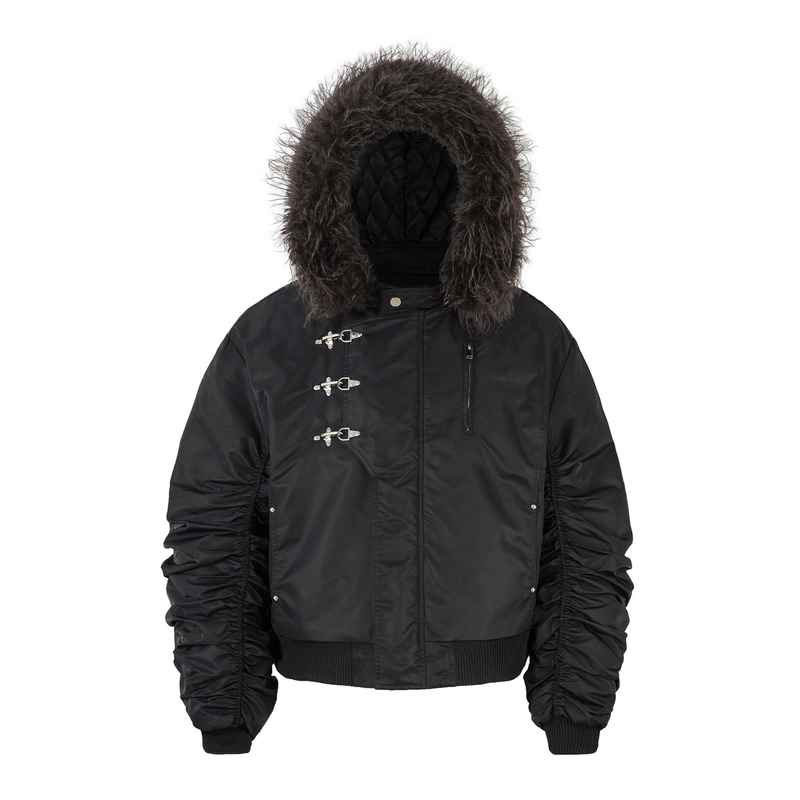 Omirad Toggle-Lock Faux Fur Hood Bomber Jacket | Black