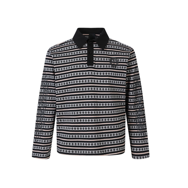 Black striped long sleeve polo shirt with chest cross graphic and sleeve print, front view
