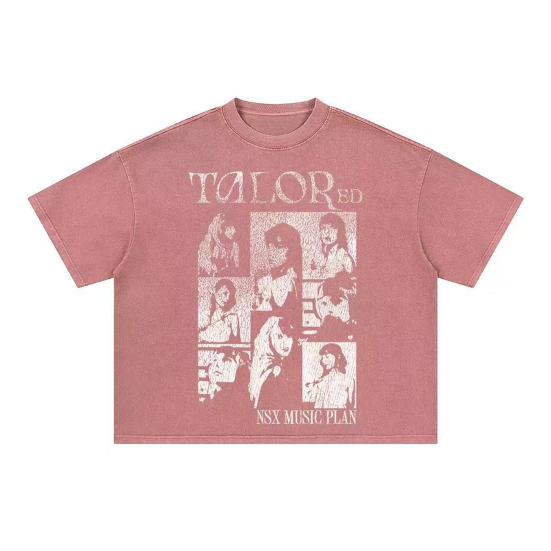 Washed pink vintage graphic tee with oversized Taylor and music collage print on the front, laid flat on white background