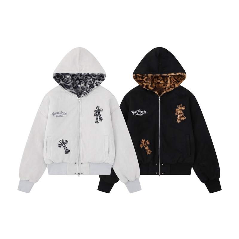 Cross Patch Faux Fur Hood Bomber Jacket | Streetwear