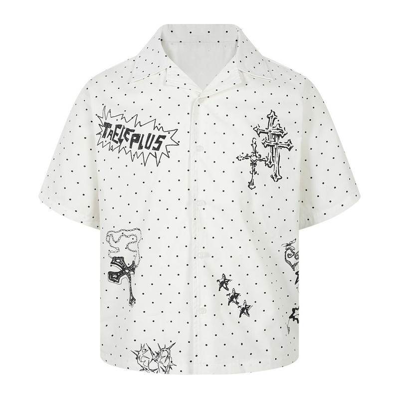 White polka dot camp collar shirt with black cross graphics, front view