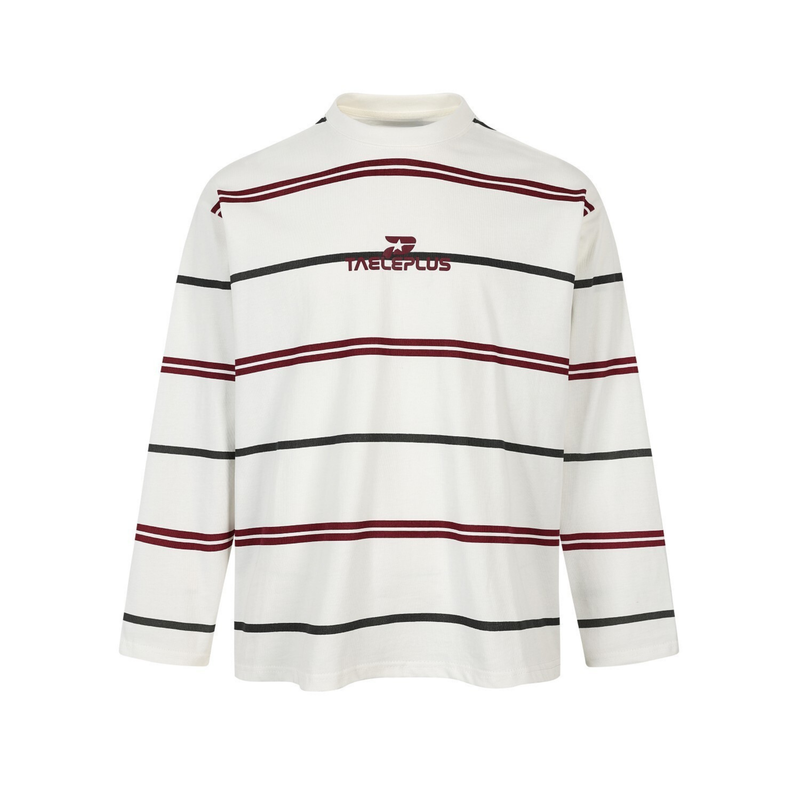 White mock neck long sleeve tee with burgundy and black horizontal stripes, front view