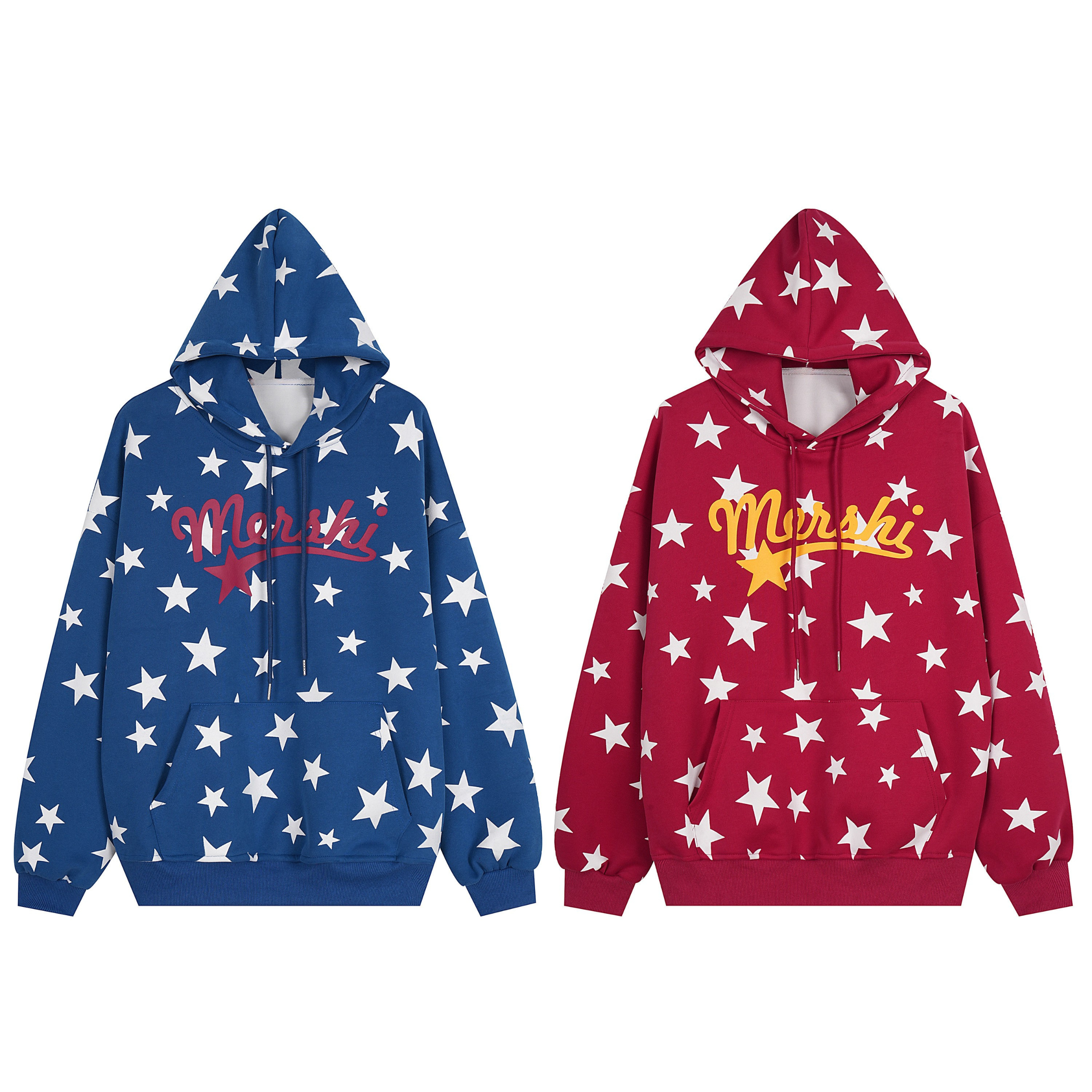 Blue all-over white star print pullover hoodie with red Mershi script logo graphic on the chest