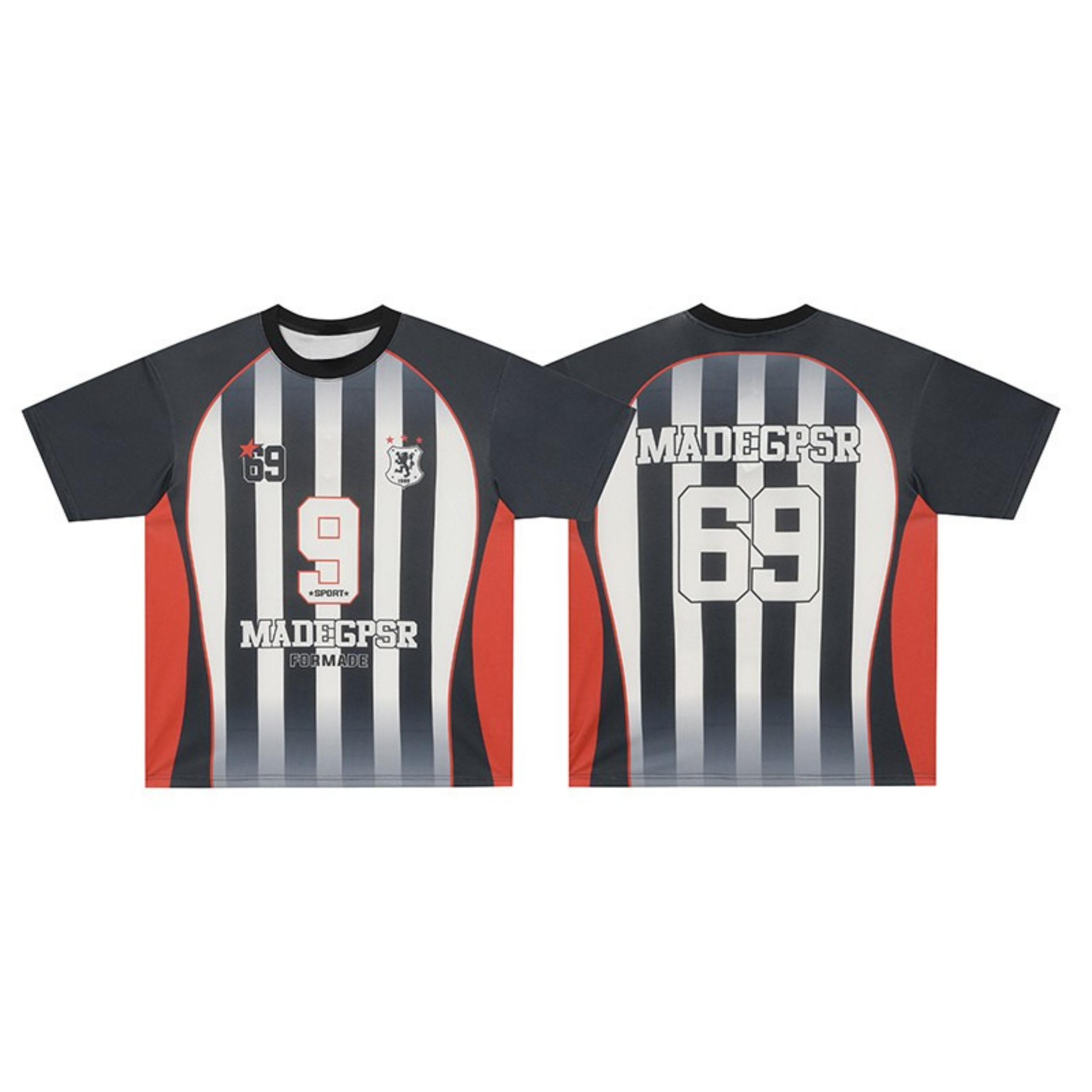 Front and back view of a black, white, and red vertical stripe performance jersey with number 9 on front and 69 on back