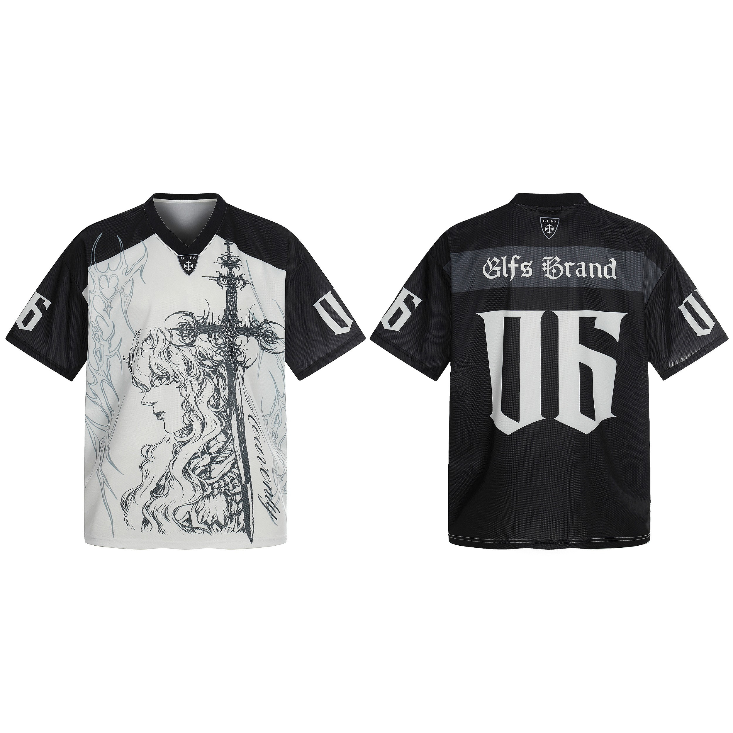 Front and back view of a black and white gothic mesh jersey with sword line-art illustration and oversized 06 back graphic