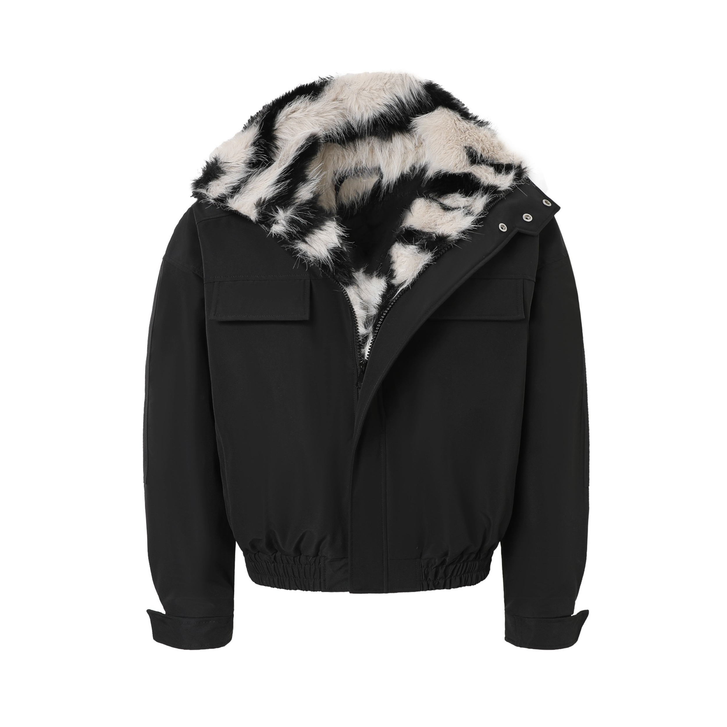Black cropped bomber jacket with zebra-pattern faux fur lining shown open at the collar on a white background