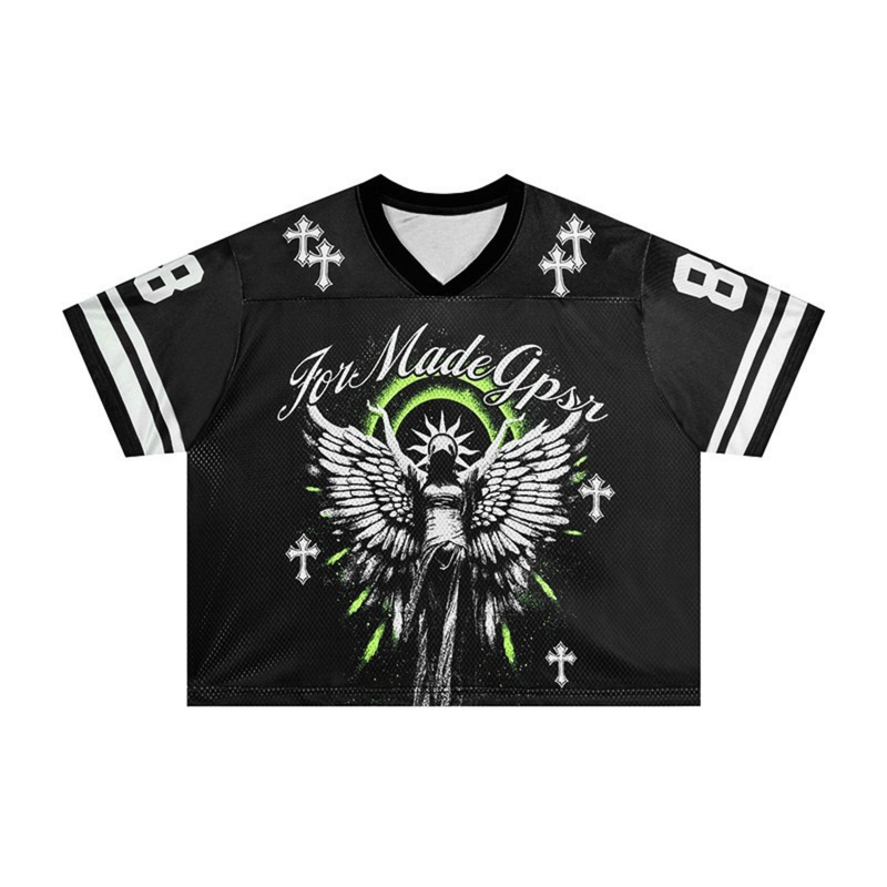 Black gothic football jersey with winged angel graphic, cross accents, and neon green details on a mesh-style top