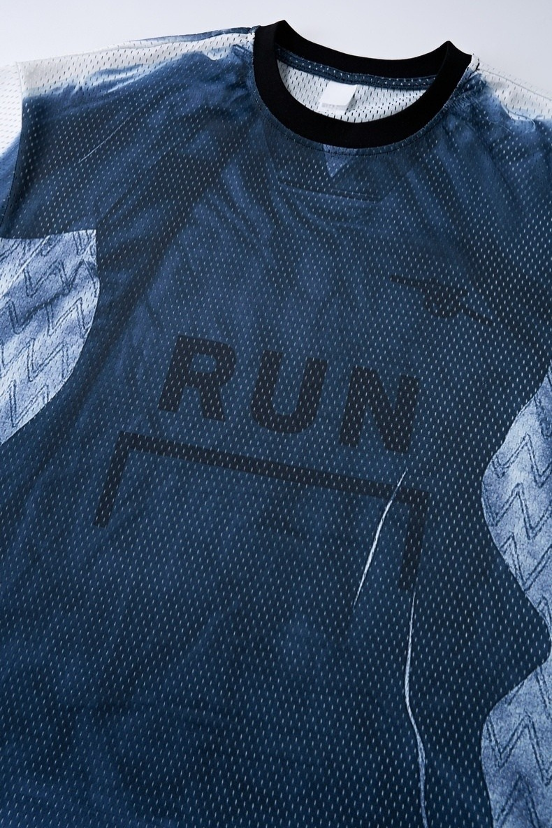 Navy mesh graphic jersey with RUN print, black crew neck, and light blue patterned sleeve accents