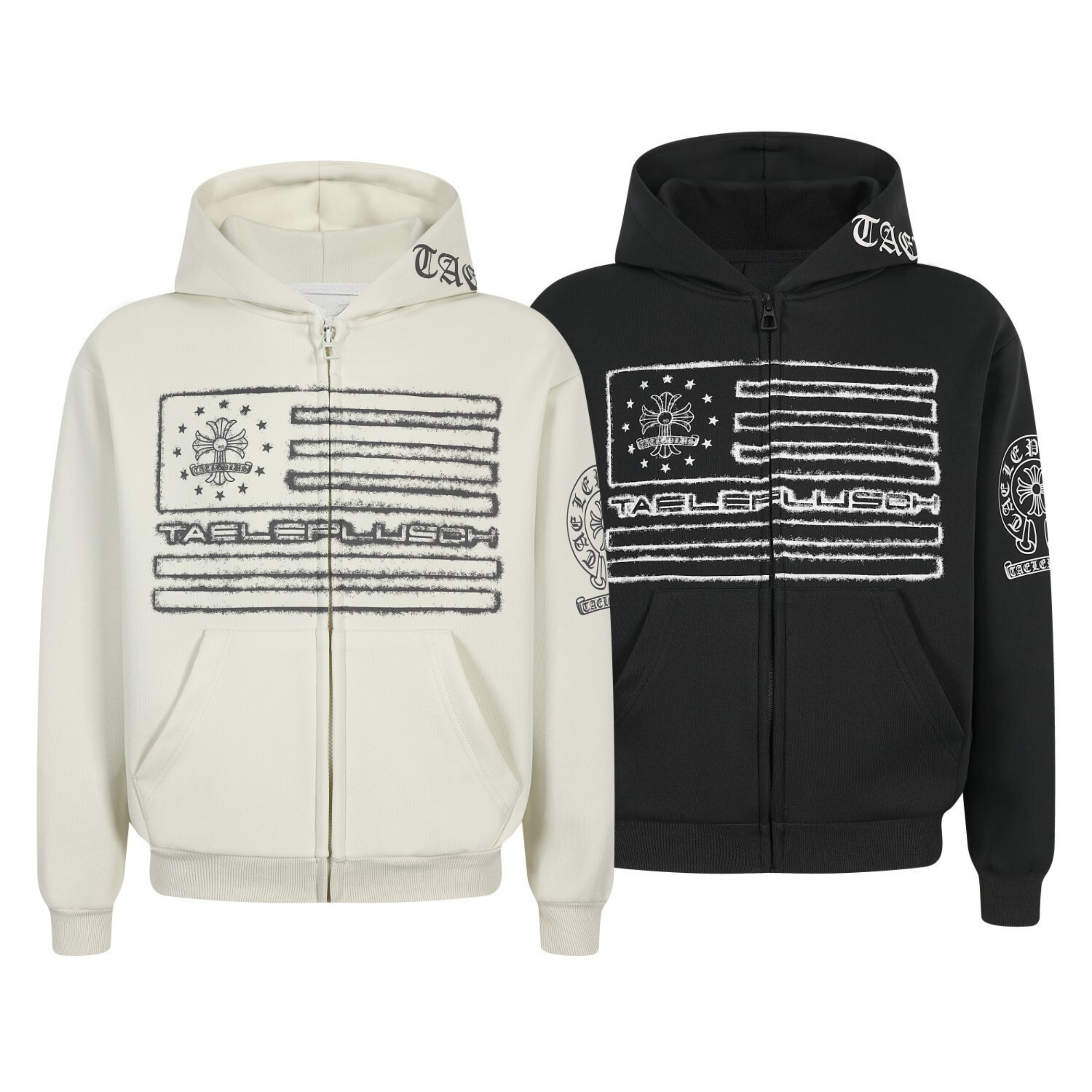 Off-white and black zip-up hoodies with distressed American flag chest graphic and Old English sleeve branding