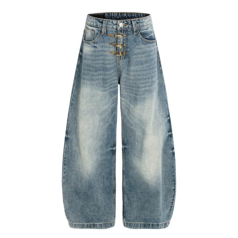 Front view of light wash wide-leg jeans with hook closure and four-button waist detail