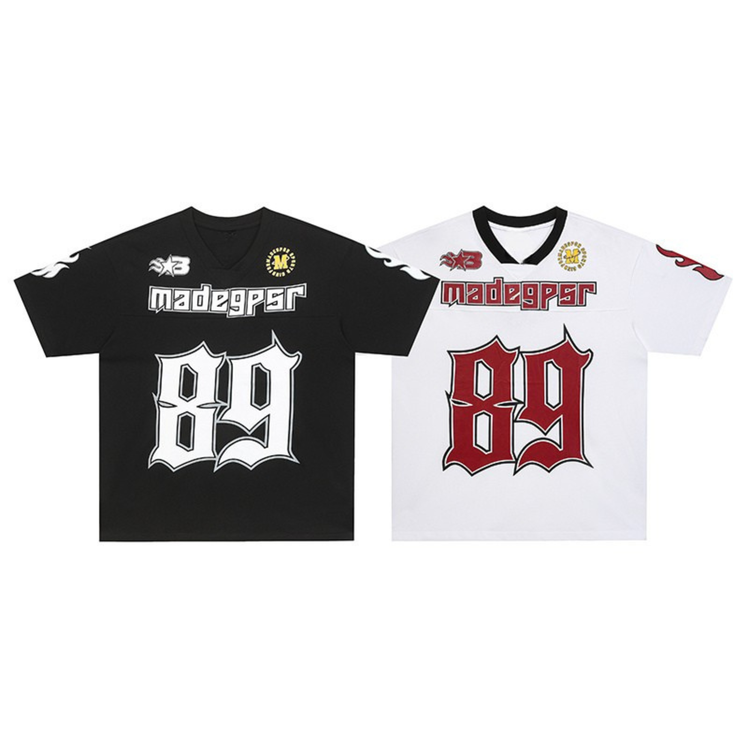 Black and white Madegpsr gothic number 89 football jersey t-shirts with flame sleeve accents and bold chest branding
