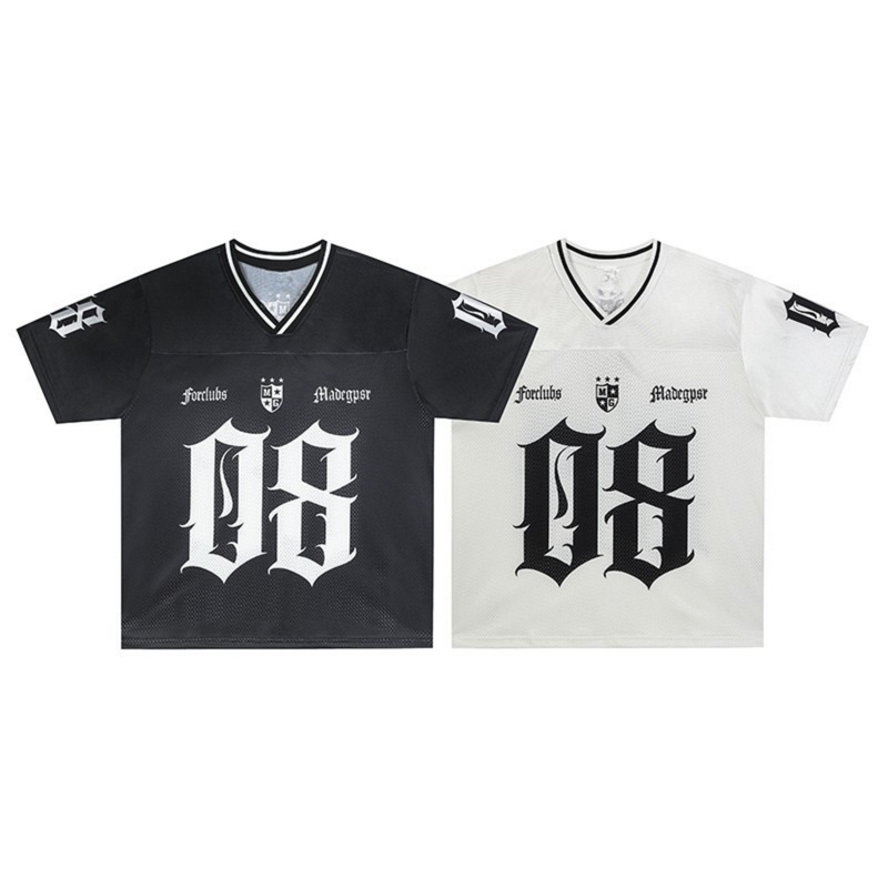 Oversized gothic mesh varsity jersey in black and white with bold 08 print and V-neck trim, front view