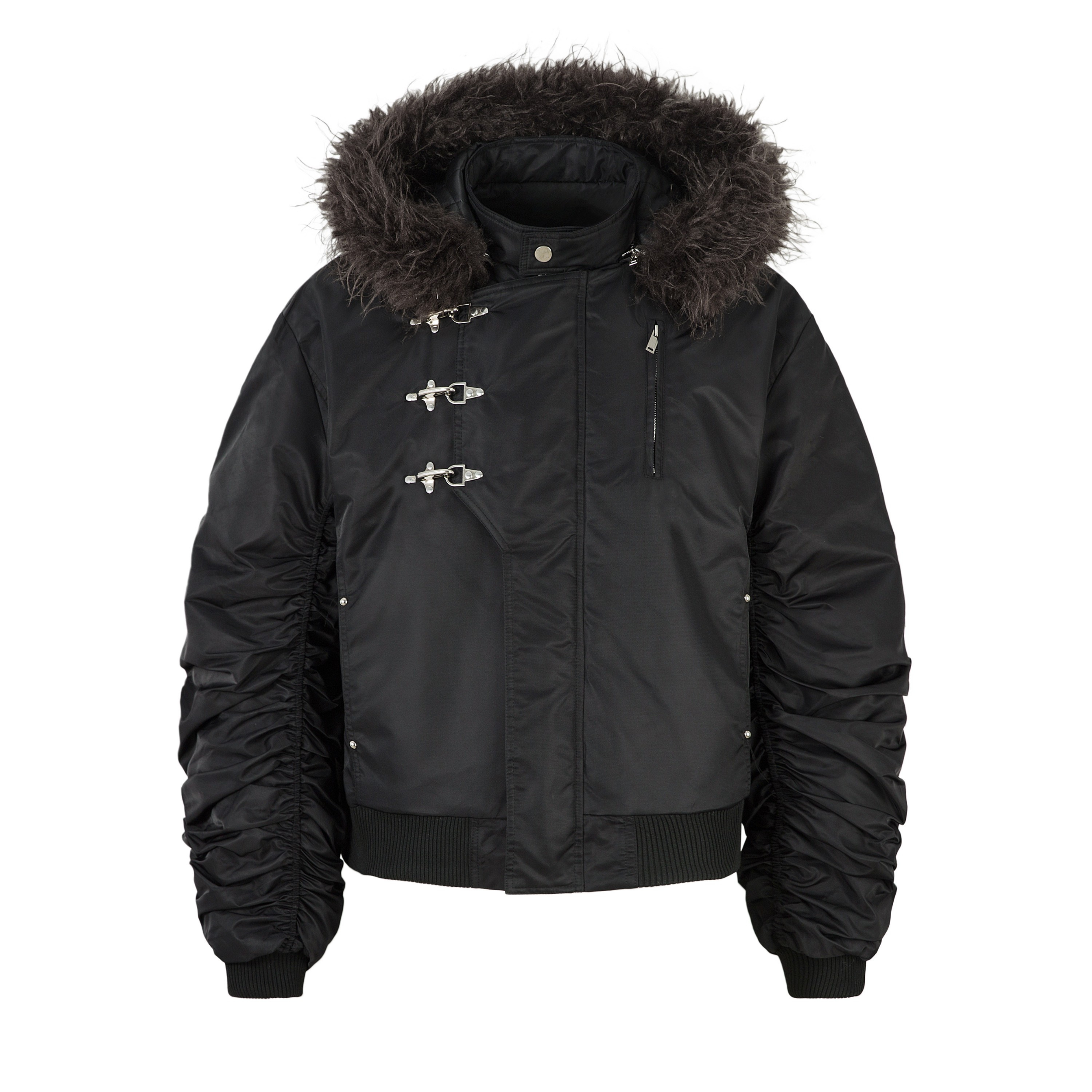 Omirad Toggle-Lock Faux Fur Hood Bomber Jacket | Black