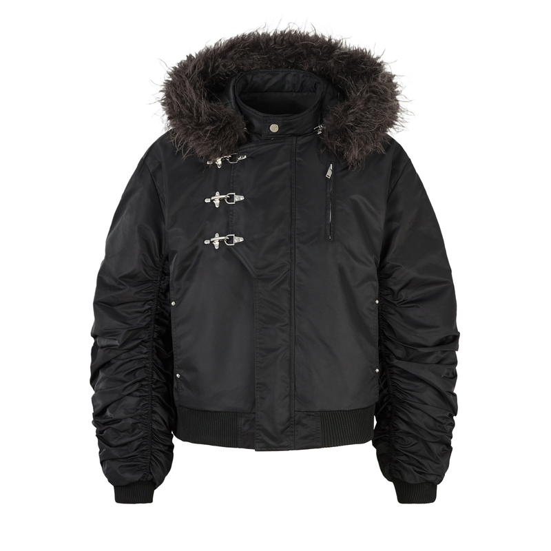 Omirad Toggle-Lock Faux Fur Hood Bomber Jacket | Black
