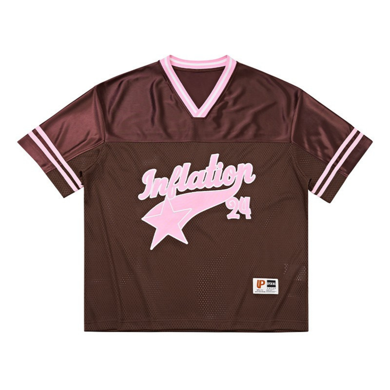 Brown mesh varsity jersey with pink trim, star graphic, and Inflation 24 logo on the front