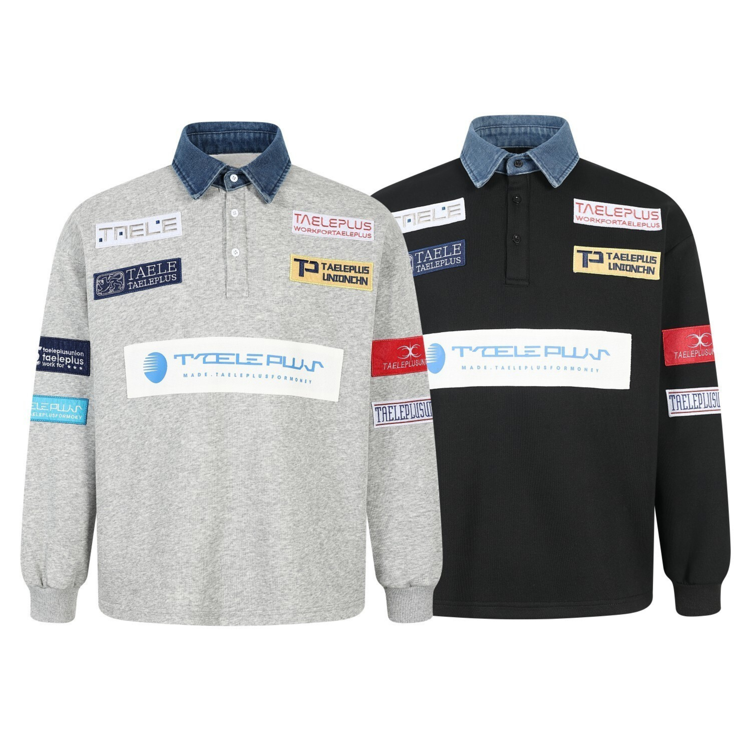 Grey and black patchwork polo sweatshirts with contrast denim collar and multi-logo racing-inspired patches