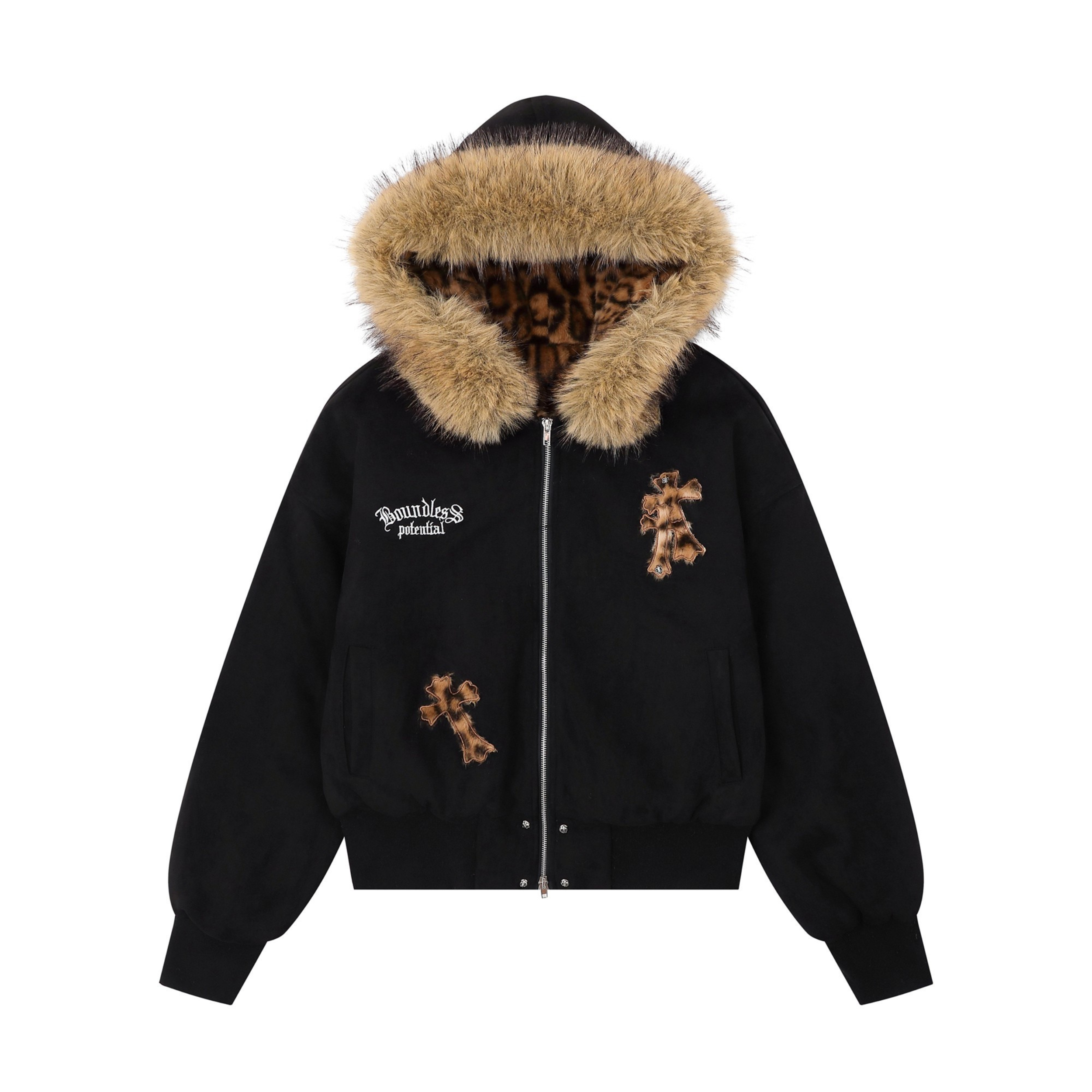 Cross Patch Faux Fur Hood Bomber Jacket | Streetwear