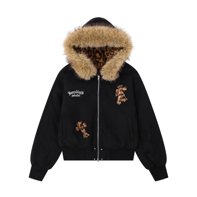 Cross Patch Faux Fur Hood Bomber Jacket | Streetwear