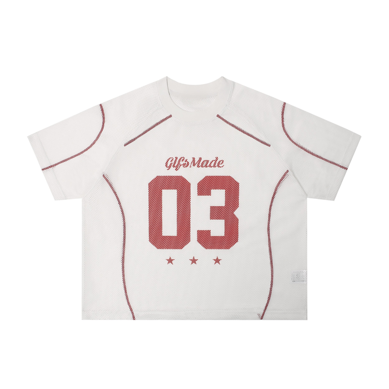 White mesh jersey tee with red 03 graphic, GlfsMade logo, and athletic piping details on front
