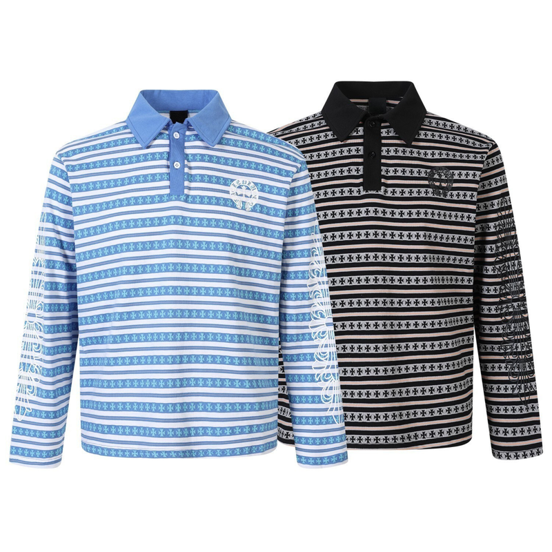 Blue and black striped long sleeve polo shirts shown together, front views