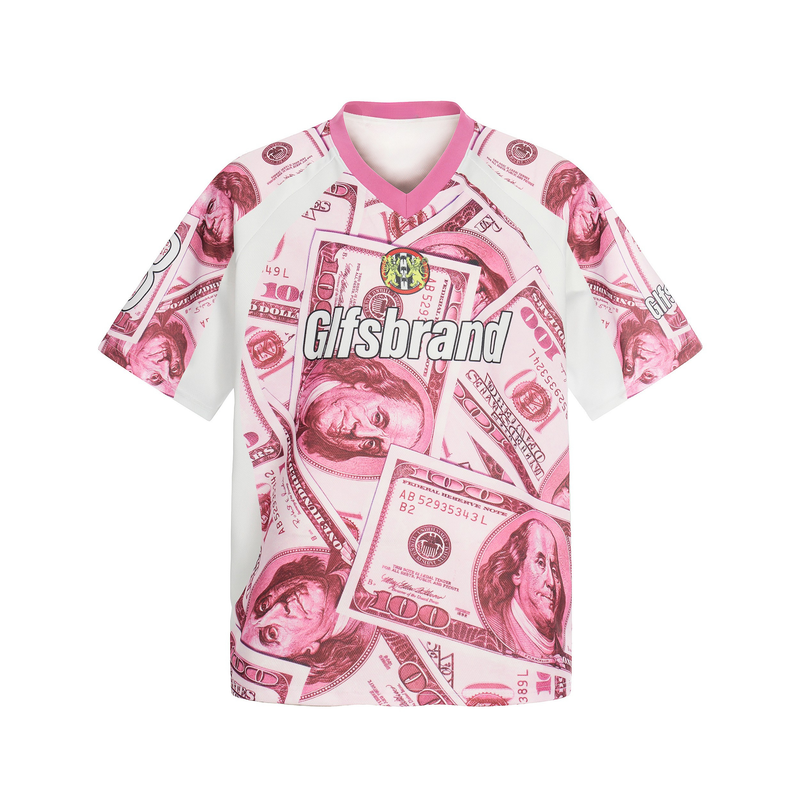 Pink and white mesh football jersey with dollar bill print and Gifsbrand logo in a streetwear style