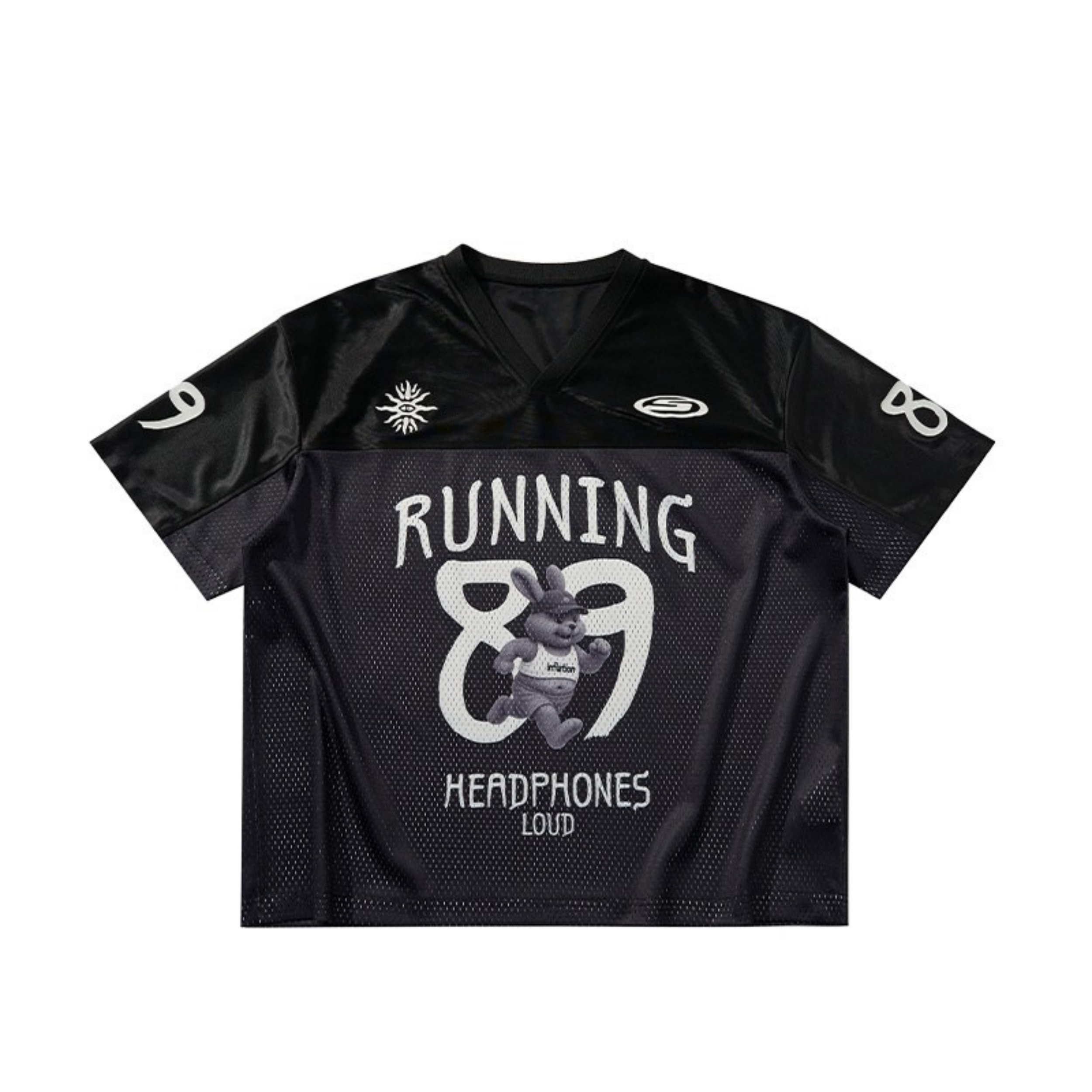 Black Omirad Running 89 mesh football jersey with rabbit graphic and Headphones Loud print on front
