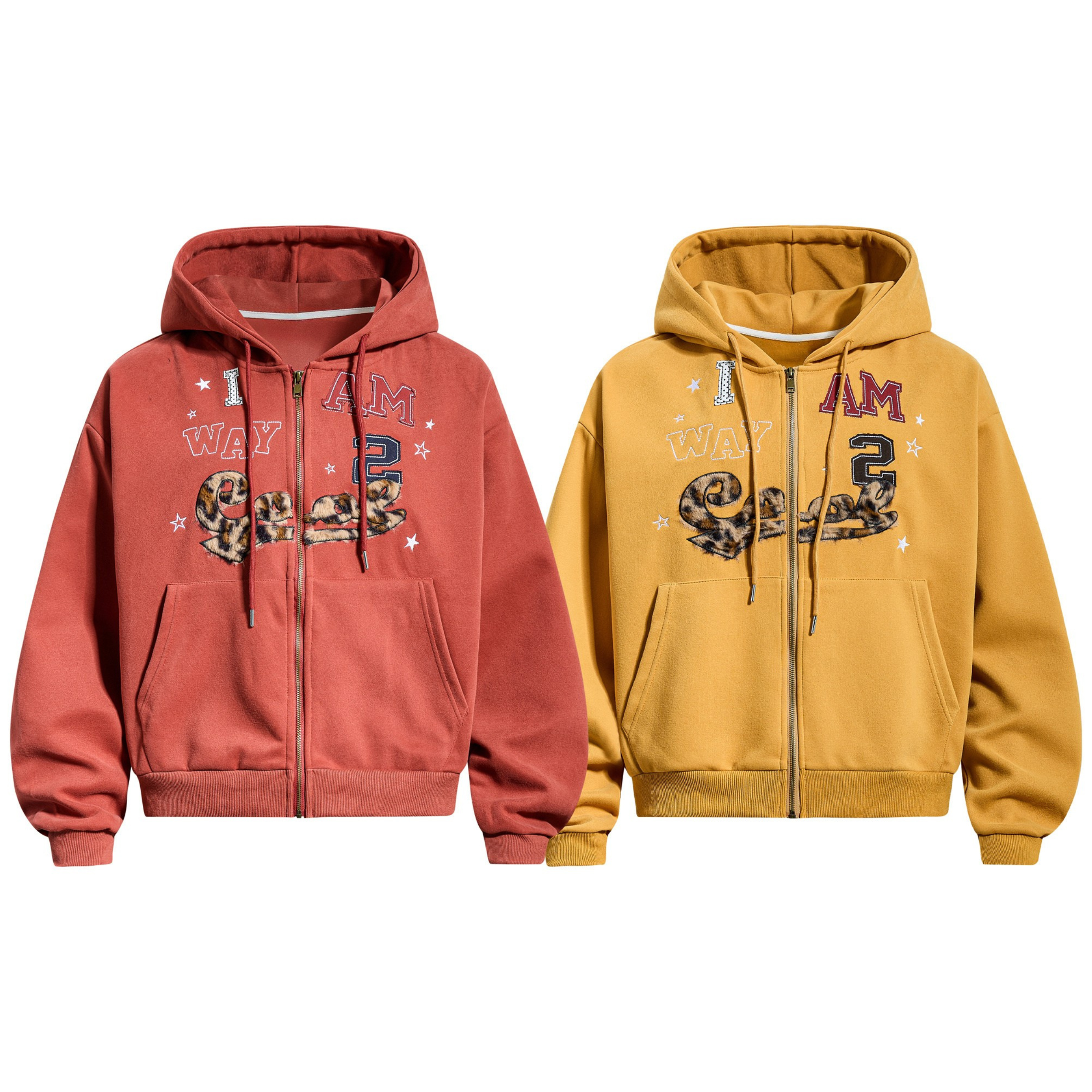 Terracotta and mustard zip-up hoodies with varsity typographic and leopard applique graphic print on the chest