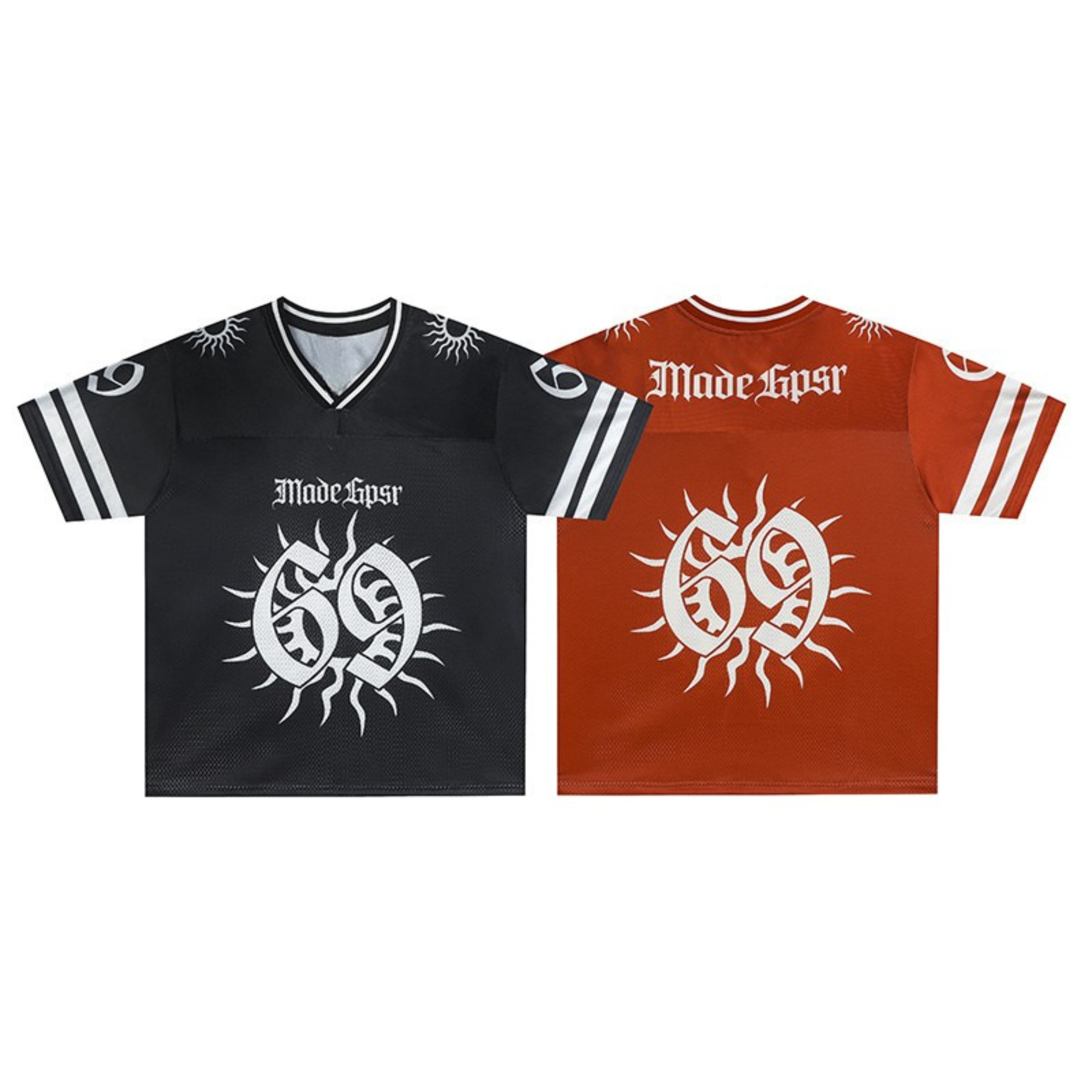 Black and rust orange solar emblem graphic football jerseys showing front and back with gothic 69 sun print and stripe sleeve