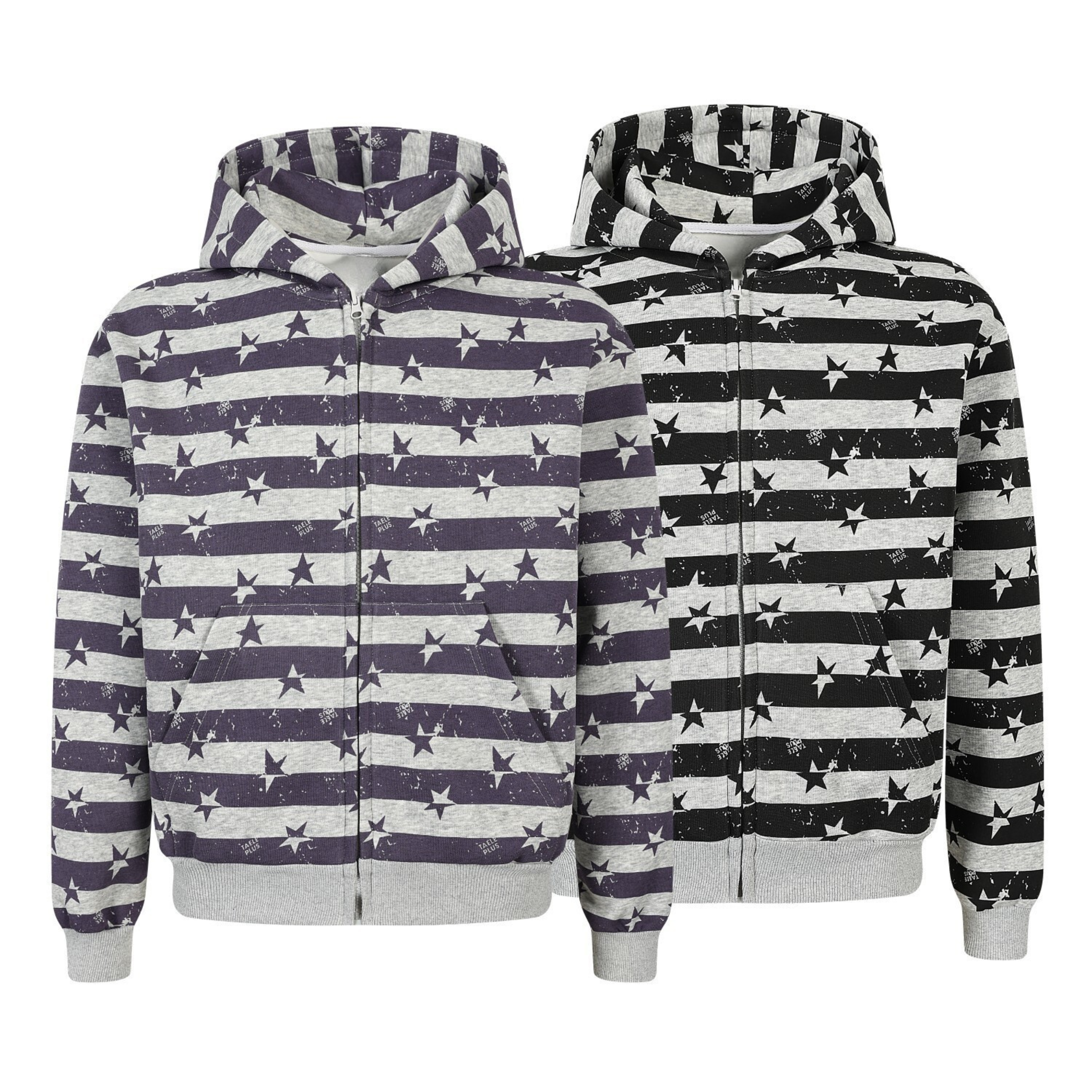 Navy and grey stars and stripes all-over print zip-up hoodie with adjustable hood and ribbed cuffs, shown in two colorways