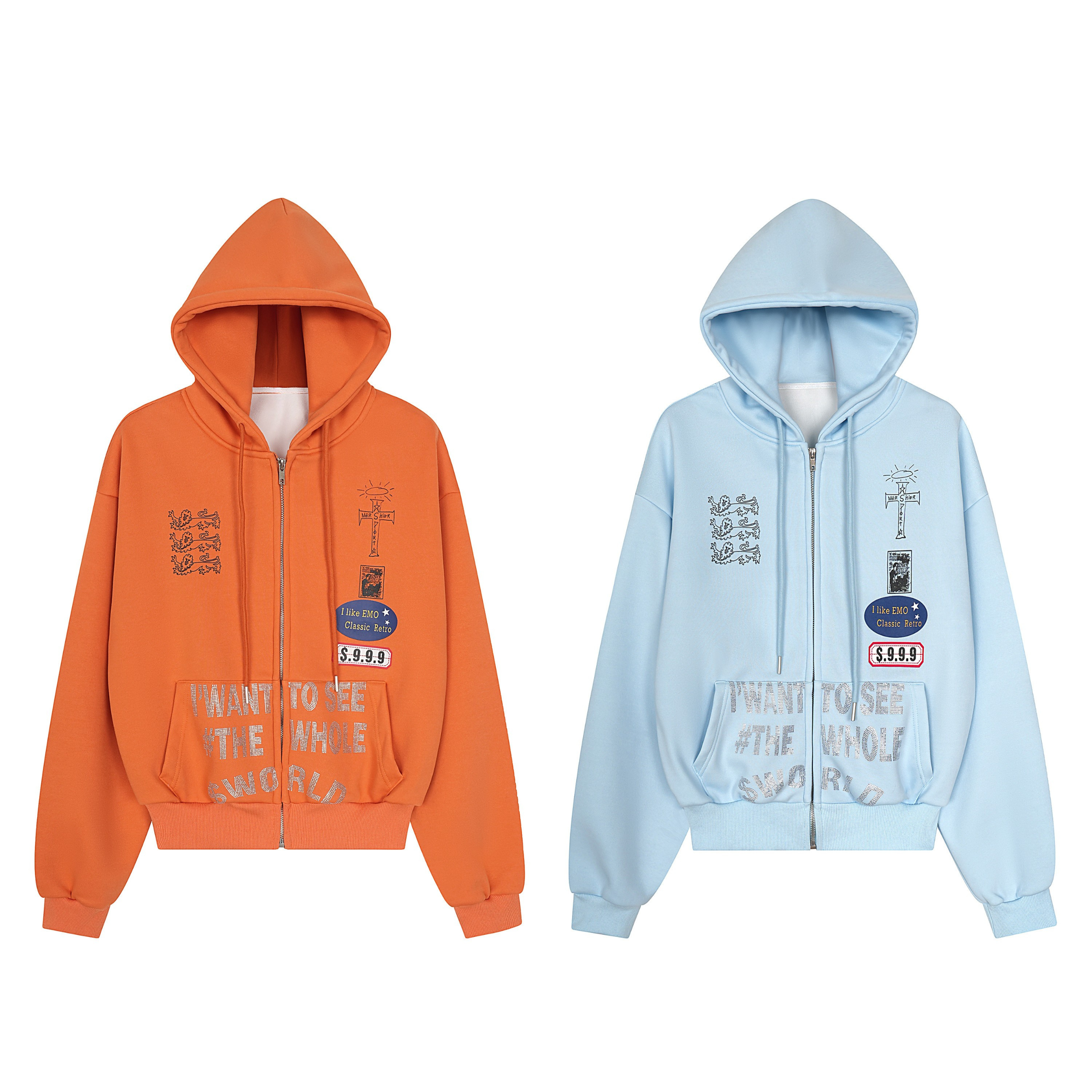 Orange and powder blue Omirad See The Whole World zip-up hoodies with rhinestone lettering and retro patch graphics on white