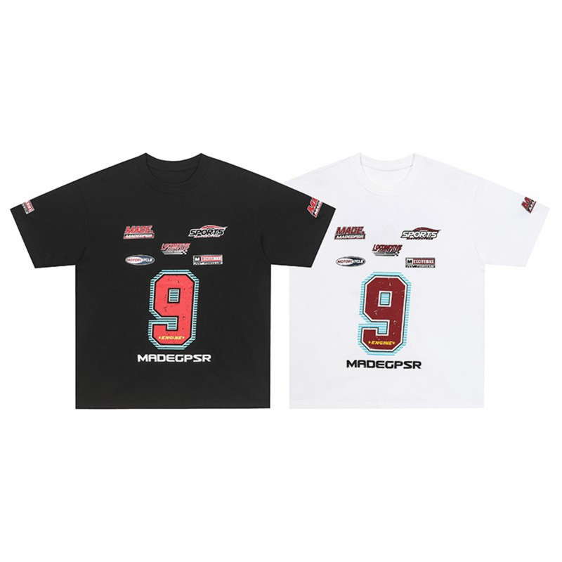 Black and white racing graphic T-shirts with large number 9 print and MADEGPSR logo on front and sleeves