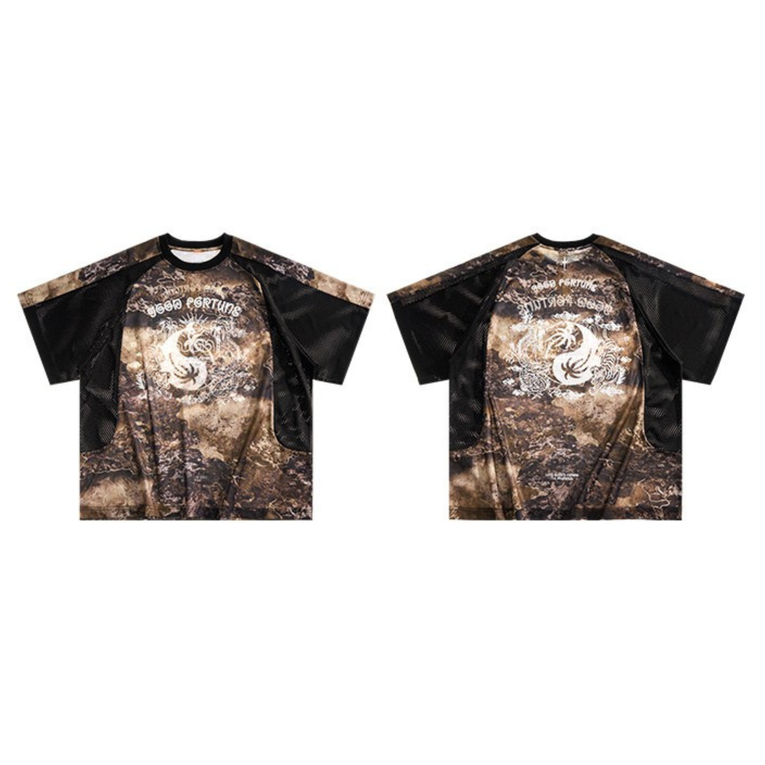 Front and back view of the Omirad Desert Fortune Performance Tee with earthy camouflage dragon print and black mesh side pane