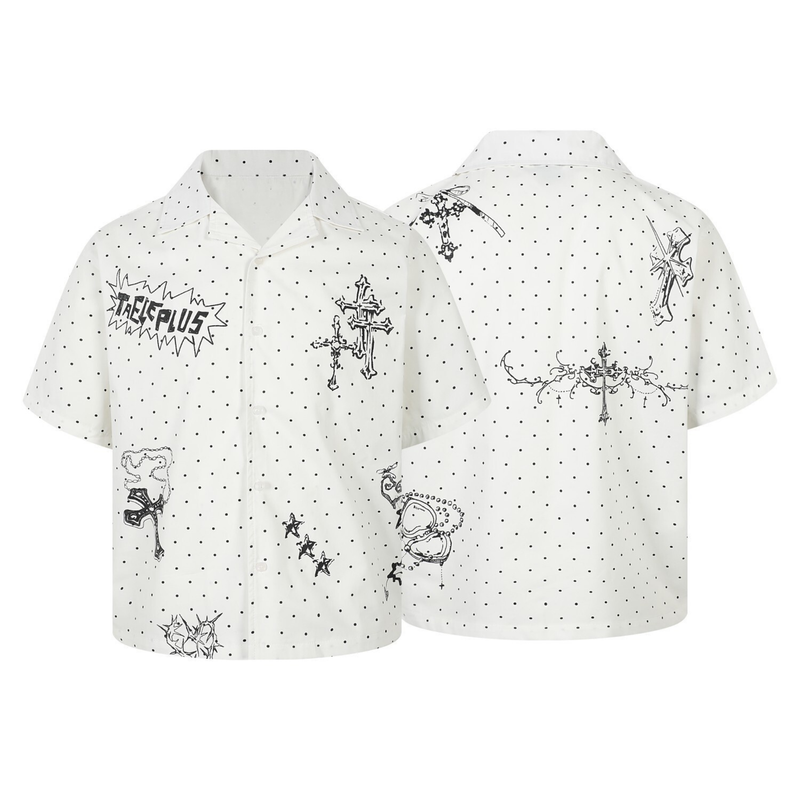 White polka dot shirt showing front and back views with black cross graphics