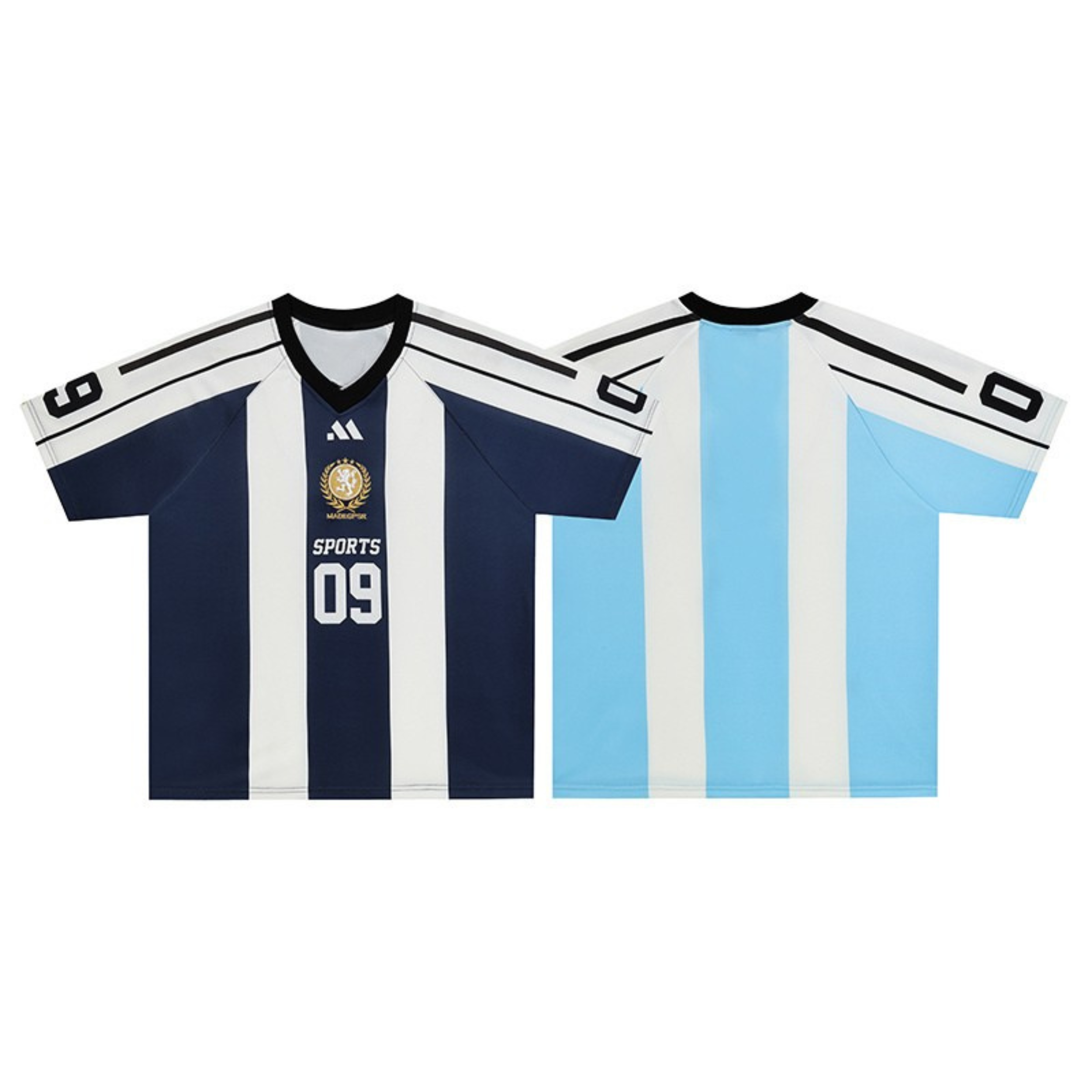 Front and back view of navy white and light blue stripe football jersey with crest graphic and number 09