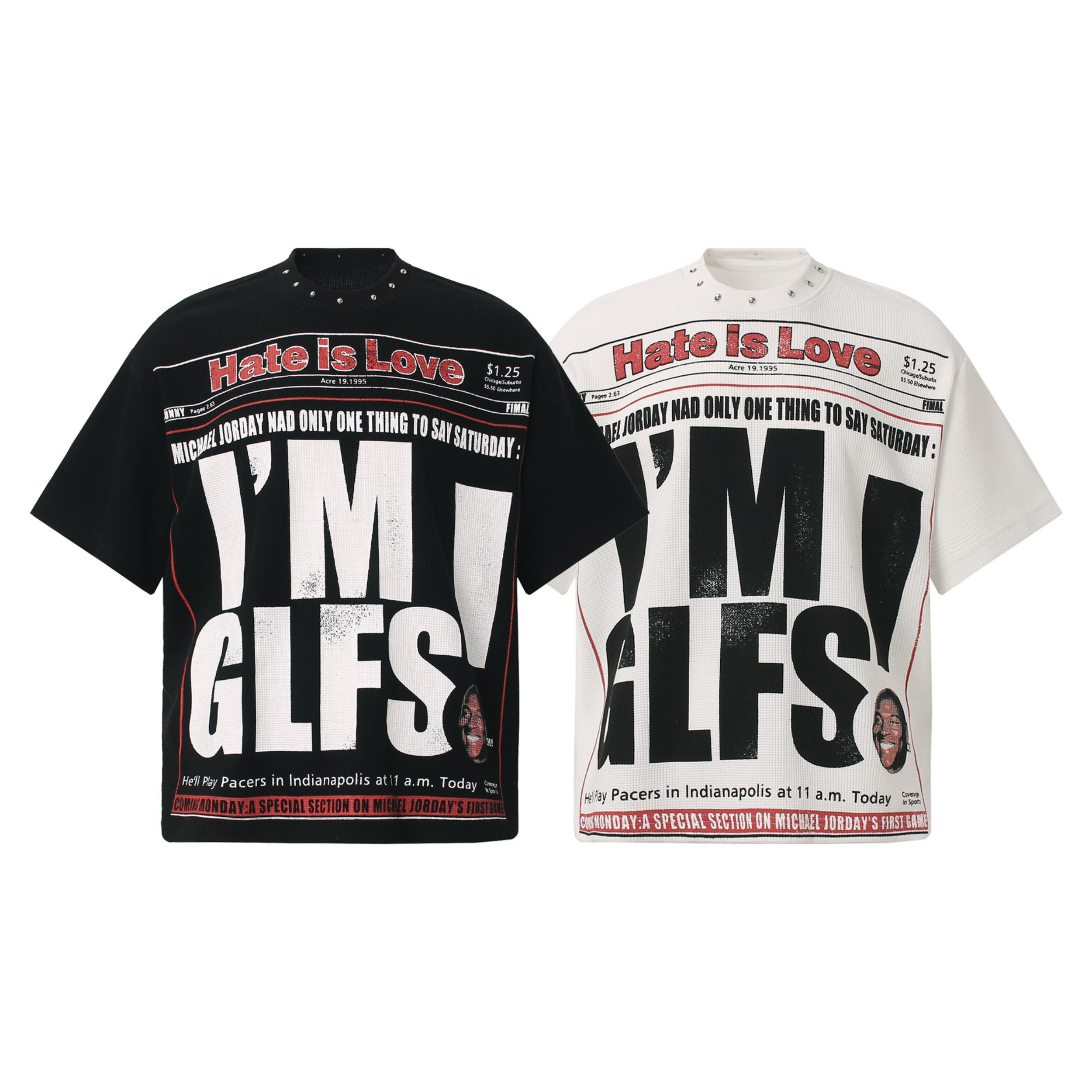 Omirad Hate Is Love black and white newspaper graphic oversized t-shirts with studded neckline displayed side by side