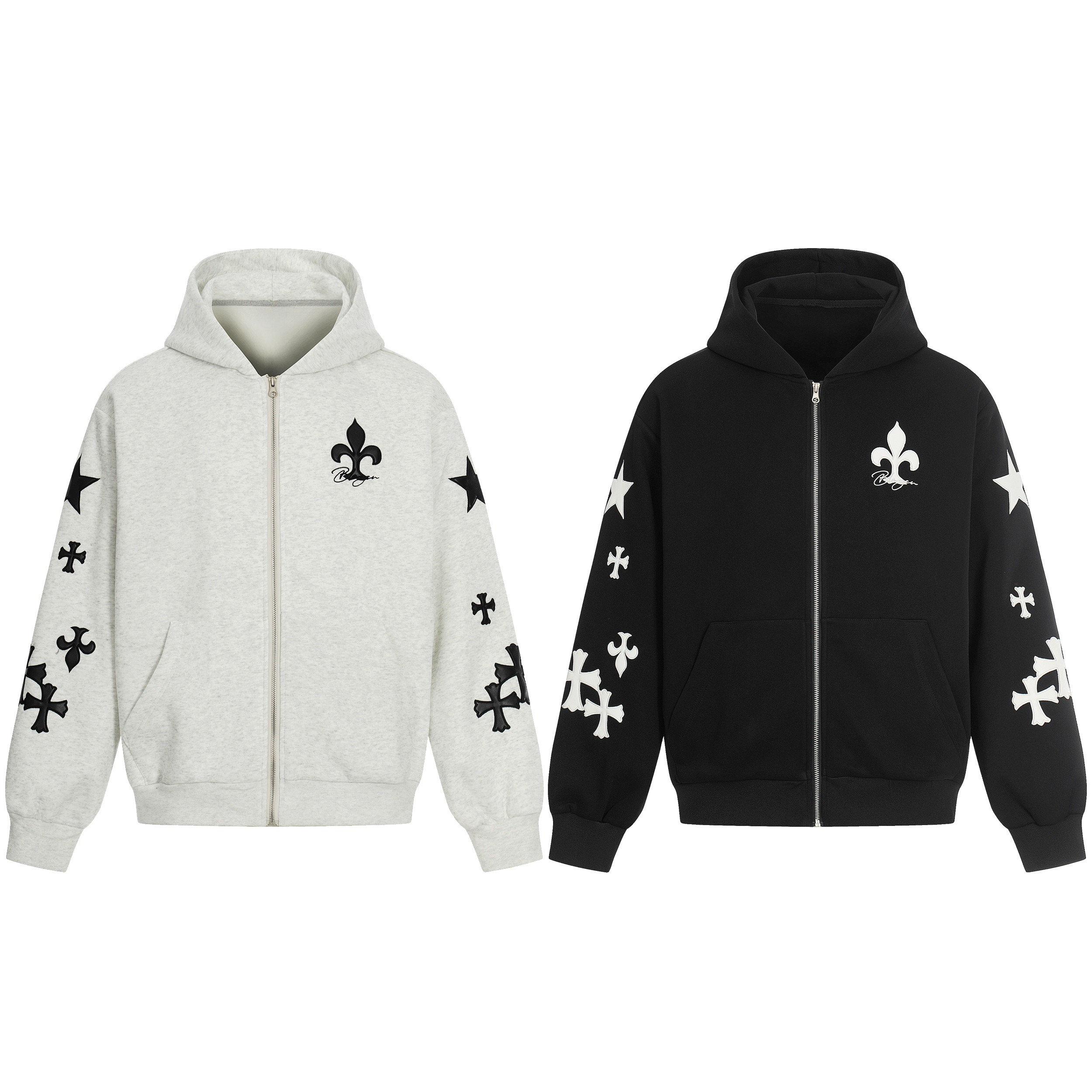 Heather grey and black zip-up hoodies with cross appliqué and star sleeve graphics displayed side by side