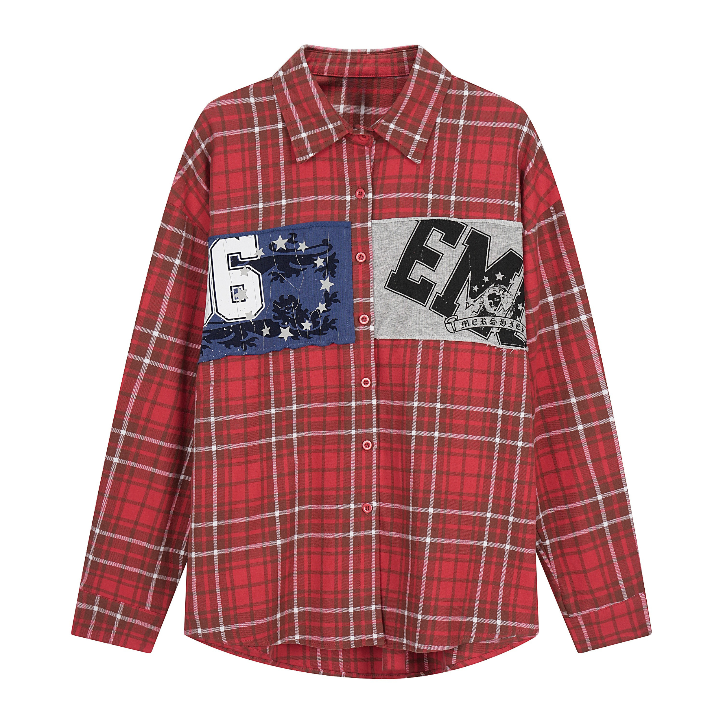 Red plaid cotton flannel button-up shirt with blue and grey varsity patchwork panels across the chest, front view
